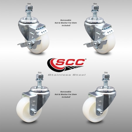 Service Caster 3 Inch SS Nylon Wheel Swivel 12mm Threaded Stem Caster Brakes SCC, 2PK SCC-SSTS20S314-NYS-M1215-2-TLB-2